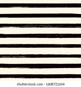 Brush freehand stripes seamless pattern. Thin rough edge ink lines print. Repeated horizontal strokes wallpaper. Simple classic geometric motif. Trendy grunge design. Vector abstract modern background