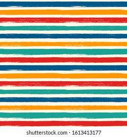 Brush freehand stripes seamless pattern. Wide rough edge ink lines print. Repeated horizontal strokes wallpaper. Simple classic geometric motif. Trendy grunge design. Vector abstract modern background