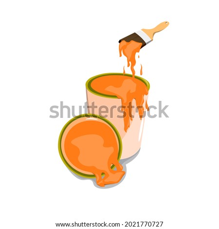 A brush freshly removed from an orange paint can. Vector illustration of a paint can and brush covered in orange paint
