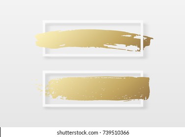 Brush golden stroke texture in a frame. Brush gold watercolor background. Design for headline and sale banner.