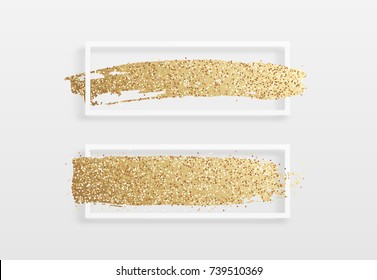 Brush golden stroke texture in a frame. Brush gold watercolor background. Design for headline and sale banner.