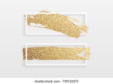 Brush golden stroke texture in a frame. Brush gold watercolor background. Design for headline and sale banner.