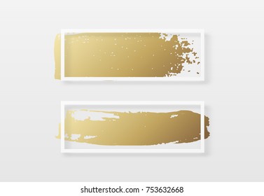 Brush golden stroke texture in a frame. Brush gold watercolor background. Design for headline and sale banner.