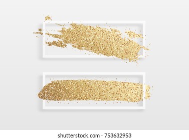Brush golden stroke texture in a frame. Brush gold watercolor background. Design for headline and sale banner.