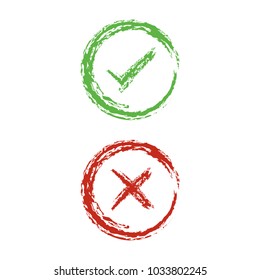Brush green check mark and red X mark Right and Wrong. Vector illustration business icon concept.