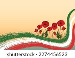 brush green, white, red, line and poppy flowers field banner. patriotic color for Italy, Hungary template for text 