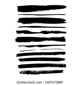 Brush grunge strokes set. Distressed brushes. Black paintbrush collection. Textured shapes. Vector illustration.