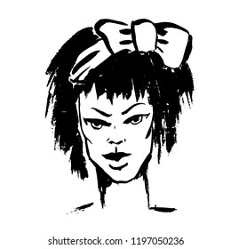 Brush grunge style simple portrait. Girl with bow. Ink handmade drawing. Modern vector illustration.