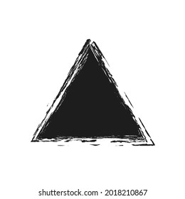 Brush grunge triangle. Hand painted ink blob, triangle button, grunge dot. Hand drawn grunge triangle isolated on white. Dry triangle edges.