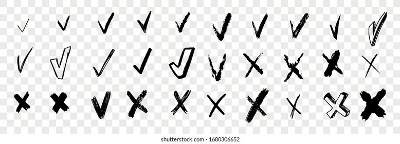 Brush hand drawn checkmarks and crosses set collection. Pencil pen ink or brush hand drawn checkmarks and little crosses. Doodle sketches isolated on transparent background. Vector illustration