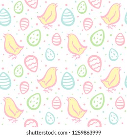 Brush, hand drawn doodle style artistic Easter seamless repeat vector pattern. Cute outline chicken, chick, painted eggs, speckles chaotic texture. Happy Easter colorful background. Textured edge.