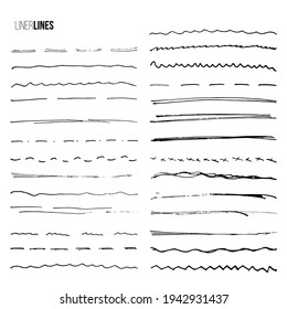 Brush hand drawn lines by liner pen set. Underline black pencil doodles in grunge technique vector illustration. Thin stripes of different shape style on white background.