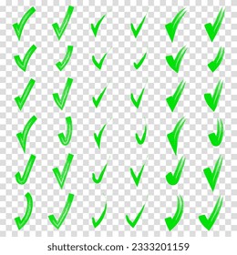 Colección de marcas de verificación pintadas a mano con pincel. La colección de marcas de verificación del doodle a mano marca la marca. Dibujos de garabatos verdes con lápiz aislados en fondo transparente. Ilustración vectorial.