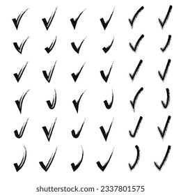 Brush hand drawn painted checkmarks set collection. Collection of hand doodle check marks ticks. Pencil black scribble sketches isolated on white background. Vector illustration.