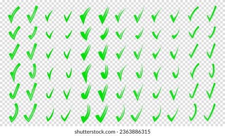 Brush hand drawn painted checkmarks set collection. Collection of hand doodle check marks ticks. Pencil green scribble sketches. Vector illustration.