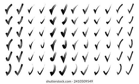 Brush hand drawn painted checkmarks set collection. Collection of hand doodle check marks ticks. Pencil black scribble sketches isolated on white background. Vector illustration.