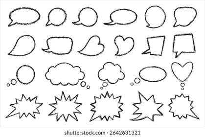 Brush hand drawn speech bubbles set. Rough grungy textured uneven messy outline stroke edge. Talking, speaking, screaming, laughing, thinking, dreaming cartoon cloud linear grunge shapes collection.