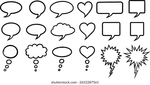 Brush hand drawn speech bubbles set. Rough grungy textured uneven messy outline stroke edge. Talking, speaking, screaming, laughing, thinking, dreaming cloud linear grunge shapes