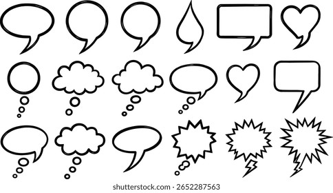Brush hand drawn speech bubbles set. Rough grungy textured uneven messy outline stroke edge. Talking, speaking, screaming, laughing, thinking, dreaming cloud linear grunge shapes