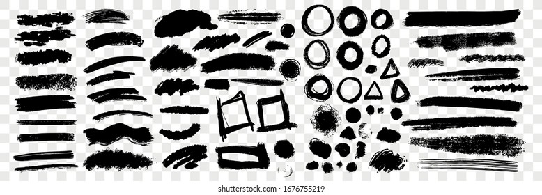 Pinselhandgezeichnet unterstreicht, Kreise, Quadrate Set-Sammlung. Die Sammlung von Pinselstrichen unterstreicht, Kreise mit Quadraten auf transparentem Hintergrund. Pinselstiftlinien mit geometrischen Figuren.
