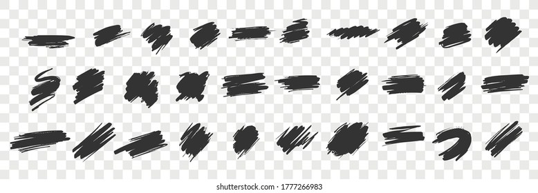 Brush hand drawn underlines, circles, squares doodle set. Collection of scribbles brush lines round shape daubs on transparent background. Pen brush pencil sketches geometric figures illustration.
