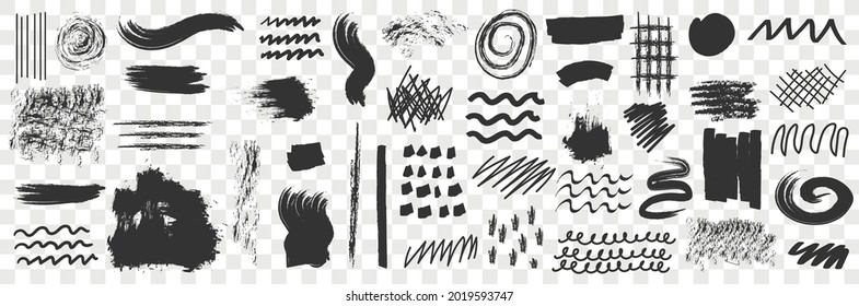 Colección de conjuntos de cuadrados, subrayados dibujados con la mano del pincel, círculos y círculos. Pincel de doodle de colección. Conjunto de ilustraciones vectoriales de lápiz de carbón vegetal
