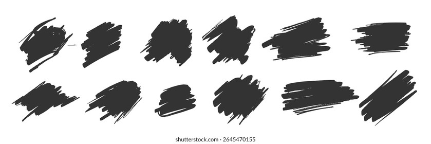 Brush hand drawn underlines, circles, squares doodle set. Collection of scribbles brush lines round shape daubs on transparent background. Pen brush pencil sketches geometric figures illustration.