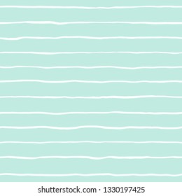 Brush hand drawn uneven thin parallel stripes, waves seamless repeat vector pattern. Doodle uneven bars, streaks, wavy lines texture. Sea, marine, river, water mint green and white background. 
