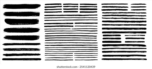 Brush hand drawn vector strokes, stripes, long lines, paint stains, artistic textured text backgrounds, borders, dividers. Big set, collection. Grungy freehand wide thin uneven shapes, rough edges.