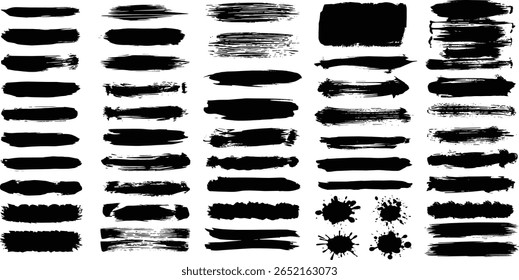 
Brush hand drawn vector strokes, paint stains, artistic textured backgrounds, text frames. Big set, collection. Grungy rectangles, freehand wide stripes, lines, uneven shapes, rough edges and texture