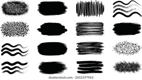 Brush hand drawn vector strokes, paint stains, artistic textured backgrounds, text frames. Big set, collection. Grungy rectangles, freehand wide stripes, lines, uneven shapes, rough edges and texture
