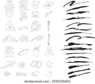 brush hand painted thick lines daily pattern brush ink mountains, coffee cup, magician hat magic, key paper computer, love, t shirt, mustache, pencil, knife, coconut tree, water wave, christmas brush