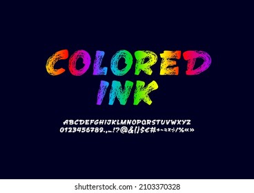 Brush handwritten font, script alphabet, colored calligraphy cursive typeface in style of hand drawn, vector illustration 10EPS