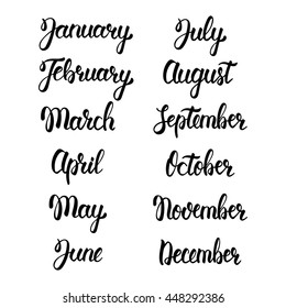 Brush handwritten months of the year. Hand lettering names of months. Calligraphic isolated set in black ink. Vector illustration