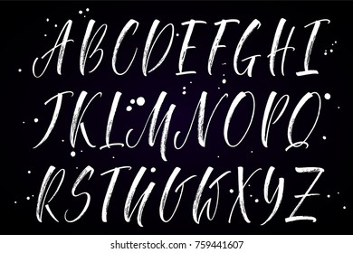 Brush handwritten vector alphabet with blobs on black background. Modern calligraphy, uppercase letters. Vector illustration.