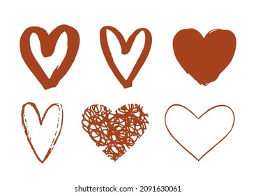 Brush heart icons. Hand drawn love symbol isolated on white background. Romantic elements for Valentines Day, wedding design and holidays. Boho grunge heart shape. Vector illustration
