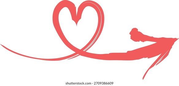 Brush heart loop connects to a flowing arrow in hand-drawn stroke style. Calligraphic flourish forms a curving heart and sweeping arrow tail, clean linework. Cartoon vector illustration