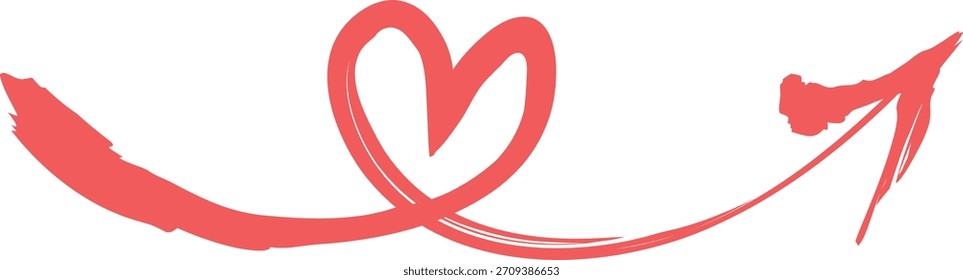 El bucle de corazón de pincel se conecta a una flecha de barrido, dibujada a mano con un trazo expresivo. El florecimiento de tinta forma una curva de cinta y un puntero cónico, trazado gestual. Ilustración vectorial de dibujos animados