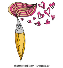Brush and hearts. Vector illustration.