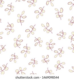 Brush Herbal Pattern. Beige Leaves with Burgundy Contour. Simple Artistic Seamless Pattern. Original Textile Floral Design. Hand Paint Cotton Texture. Falling Blades Vector Design. Cute Autumn Print