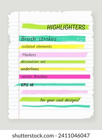 Brush highlight lines and strokes set. isolated vector design elements on background. Doodle neon various strokes of marker. Acid highlighters marker stripes, underlines for any use.