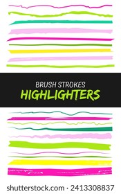 Brush highlight lines and strokes set. isolated vector design elements on background. Doodle neon various strokes of marker. Acid highlighters marker stripes, underlines for any use. Set of brushes.