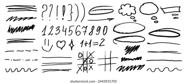 Brush highlight set. Crayon brush stroke underline set. Grunge creative text decoration. Chalk pen highlight stroke. Vector illustration for banner, web site, poster