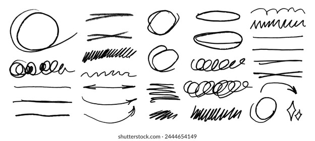 Brush highlight set. Crayon brush stroke underline set. Grunge creative text decoration. Chalk pen highlight stroke. Vector illustration for banner, web site, poster