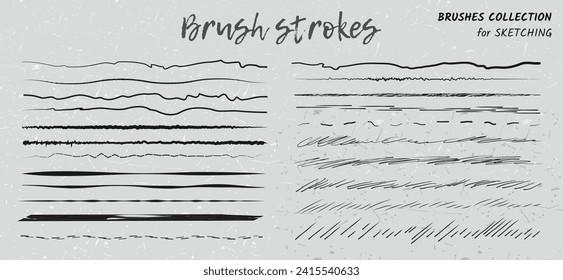 Brush highlighter lines and strokes set. isolated vector design elements on craft background. Doodle black various strokes of marker. Stripes, underlines for any use. Collection of brushes.
