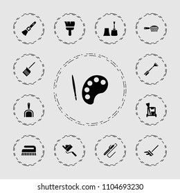 Brush icon. collection of 13 brush filled icons such as cleaning tools, palette, nail polish, mop, dustpan, hair curler. editable brush icons for web and mobile.