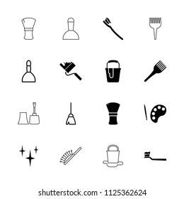 Brush icon. collection of 16 brush filled and outline icons such as clean, paint bucket, palette, spa bag, broom, roller. editable brush icons for web and mobile.