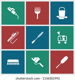 Brush icon. collection of 9 brush filled icons such as hair curler, mascara, cleaning tools, roller. editable brush icons for web and mobile.
