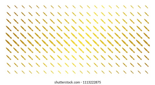 Brush icon gold halftone pattern. Vector brush items are arranged into halftone grid with inclined gold color gradient. Designed for backgrounds, covers, templates and bright effects.
