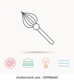 Brush icon. Paintbrush tool sign. Artist instrument symbol. Global connect network, ocean wave and burger icons. Lightbulb lamp symbol.